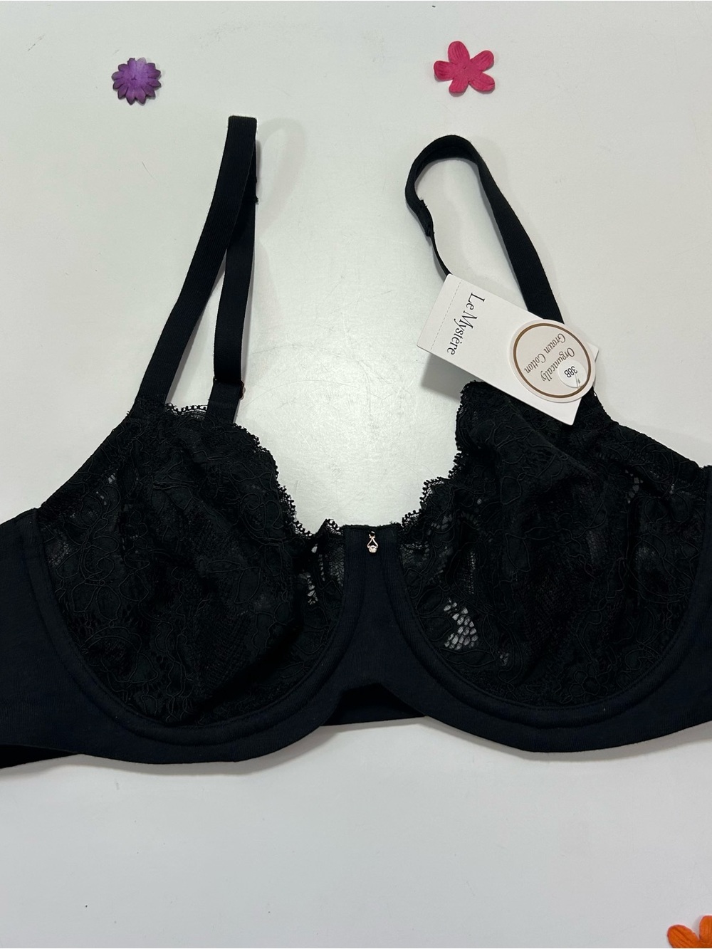 Le Mystere Black Lace Unlined Demi Underwire Bra 38B NWT